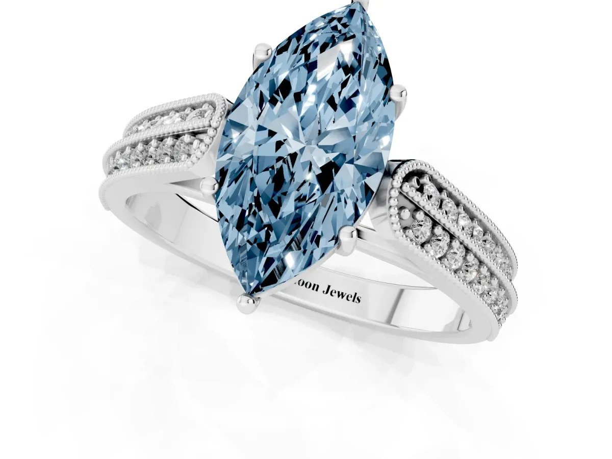 Fancy Blue Marquise Cut Cut Pave Split Shank Engagement Ring with Four-Prong Setting Silver