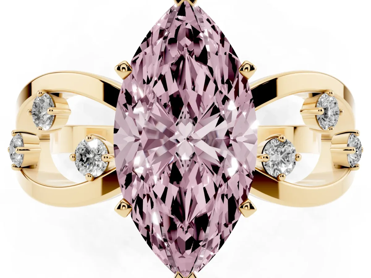 Fancy Pink Marquise Cut Cut Solitaire Diamond with Side Stones on Criss-Cross Band and Four-Prong Setting Yellow gold