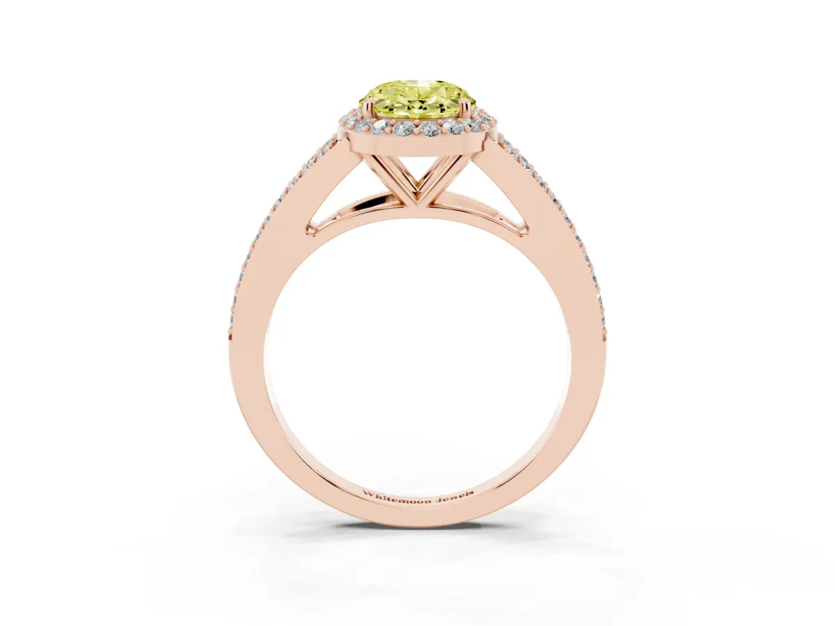 Fancy Yellow Oval Cut Halo Split Shank Pave Diamond Ring with Four-Prong Setting Rose gold