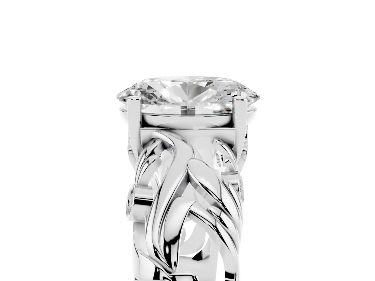 Oval Cut Solitaire Diamond Leaf-Inspired Vine Band Ring with Prong Setting Platinum