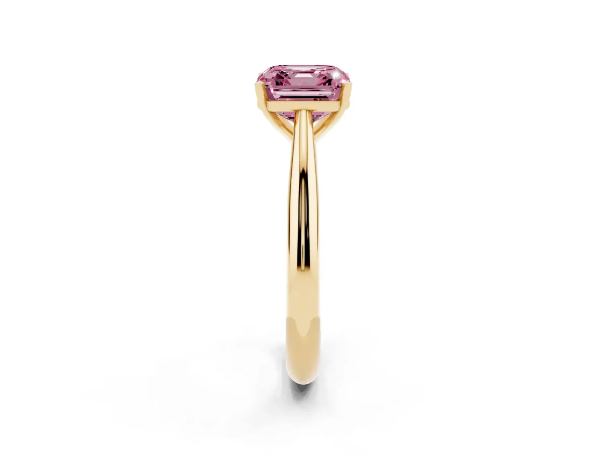 Fancy Pink Asscher Cut Diamond Solitaire Engagement Ring with Cathedral Setting and Four-Prong Mount Yellow gold