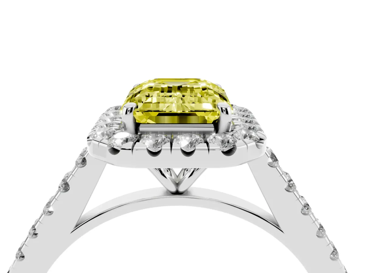 Fancy Yellow Emerald Cut Halo Pave Diamond Engagement Ring with Four-Prong Setting Silver