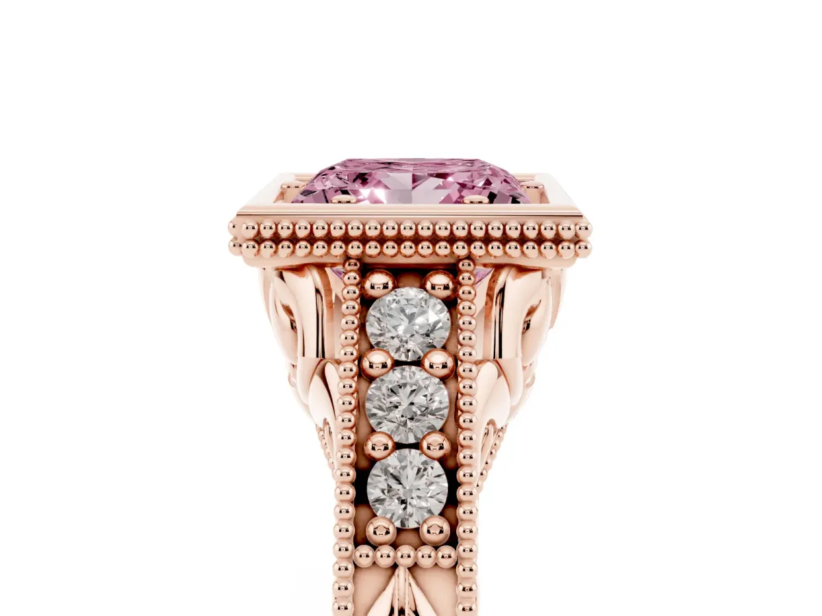 Fancy Pink Bezel Set Princess Cut Diamond Milgrain Pave Engagement Ring Rose gold