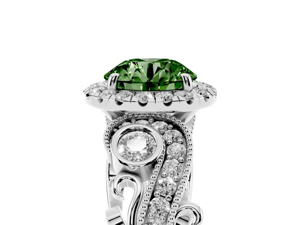 Fancy Green Round Cut Diamond Halo Ring with Milgrain Pavé Band and Four-Prong Setting White gold