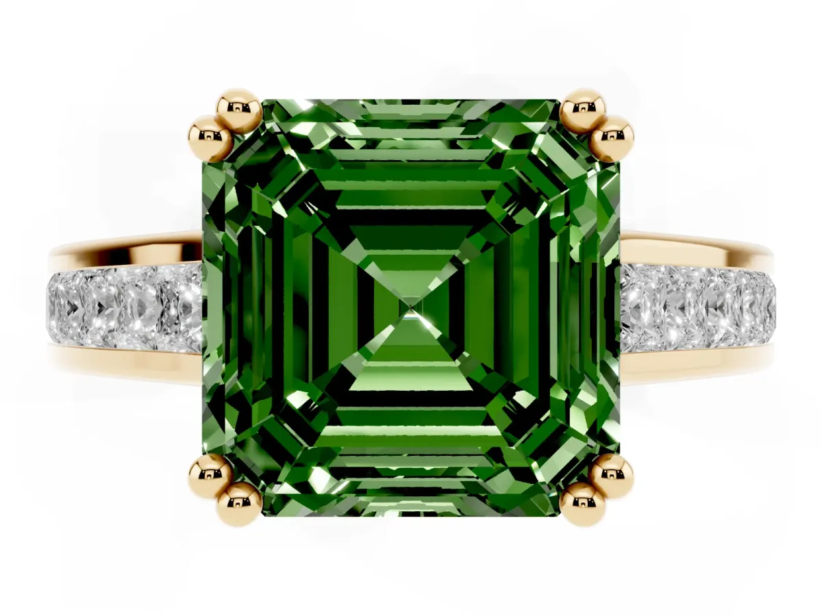 Fancy Green Asscher Cut Cut Channel Set Solitaire Engagement Ring with Prong Setting Yellow gold