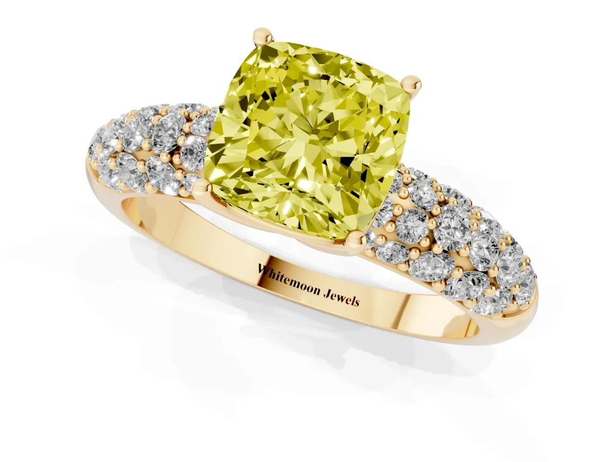Fancy Yellow Cushion Cut Diamond Pavé Band Solitaire Ring with Four-Prong Setting Yellow gold
