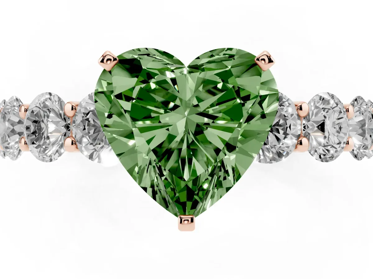 Fancy Green Heart Cut Diamond Prong Setting with Side Stones on a Pave Band Rose gold