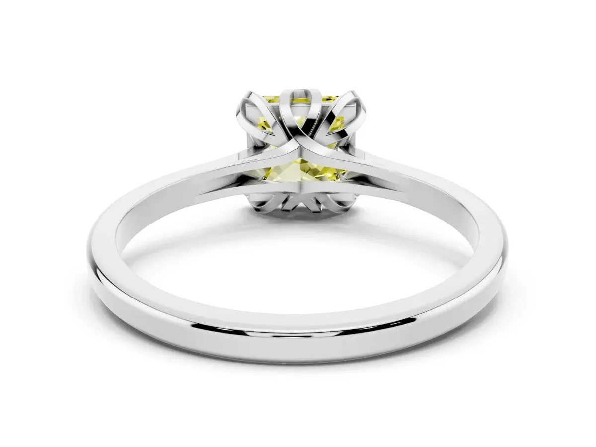 Fancy Yellow Princess Cut Diamond Solitaire Ring with Flower Prong Setting and Classic Band Silver