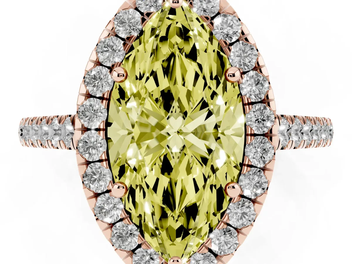 Fancy Yellow Marquise Cut Halo Pave Diamond Engagement Ring with Four-Prong Setting Rose gold