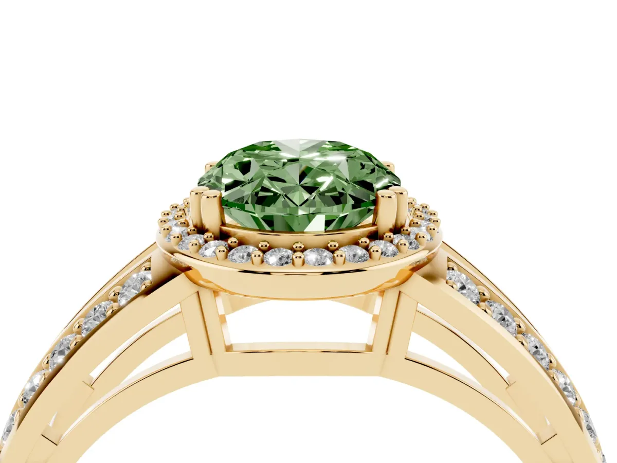 Fancy Green Oval Cut Diamond Halo Ring with Split Shank Pavé Band and Four-Prong Setting Yellow gold