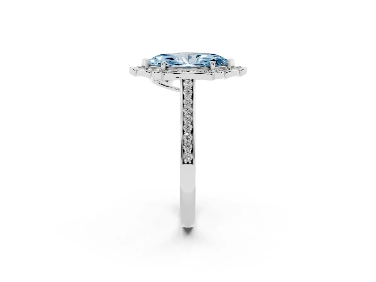Fancy Blue Marquise Cut Halo Round Diamond Pave Band with Four-Prong Setting White gold