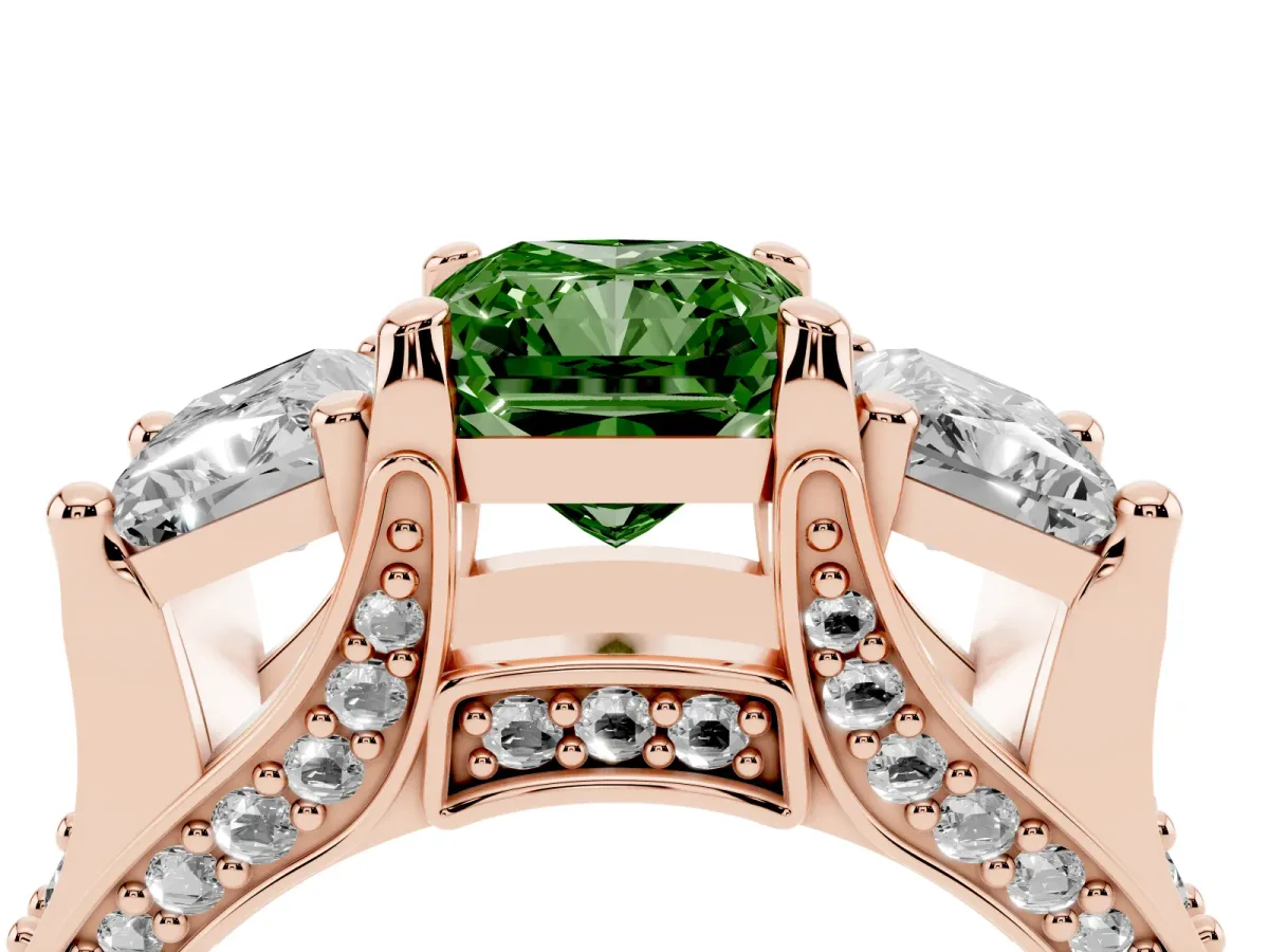 Fancy Green Radiant Cut Diamond Three-Stone Ring with Channel Set Band and Four-Prong Setting Rose gold