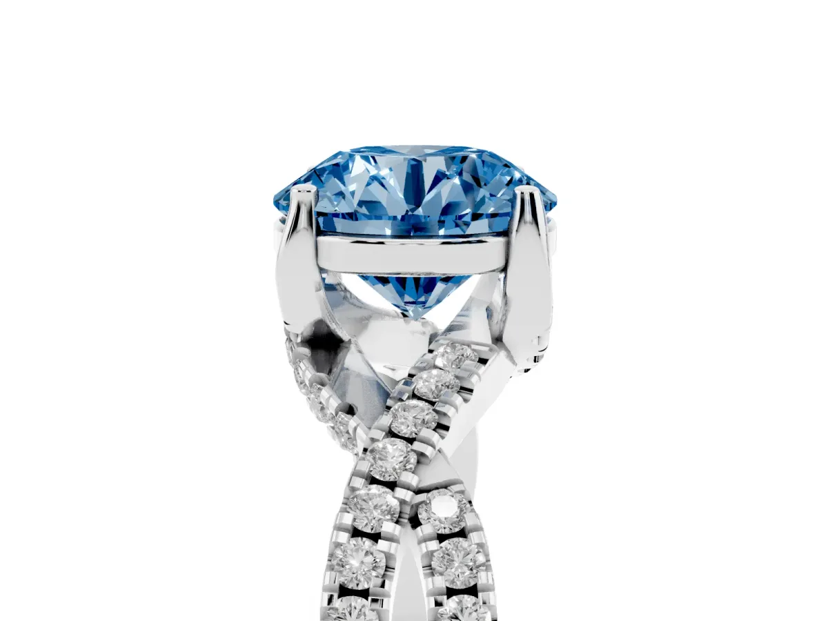Fancy Blue Round Cut Solitaire Twist Pave Diamond Engagement Ring with Prong Setting Silver