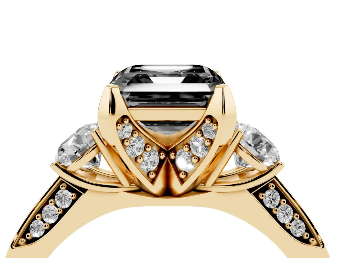 Fancy Black Asscher Cut Brilliant Three-Stone Diamond Ring with Pavé Band and Four-Prong Setting Yellow gold