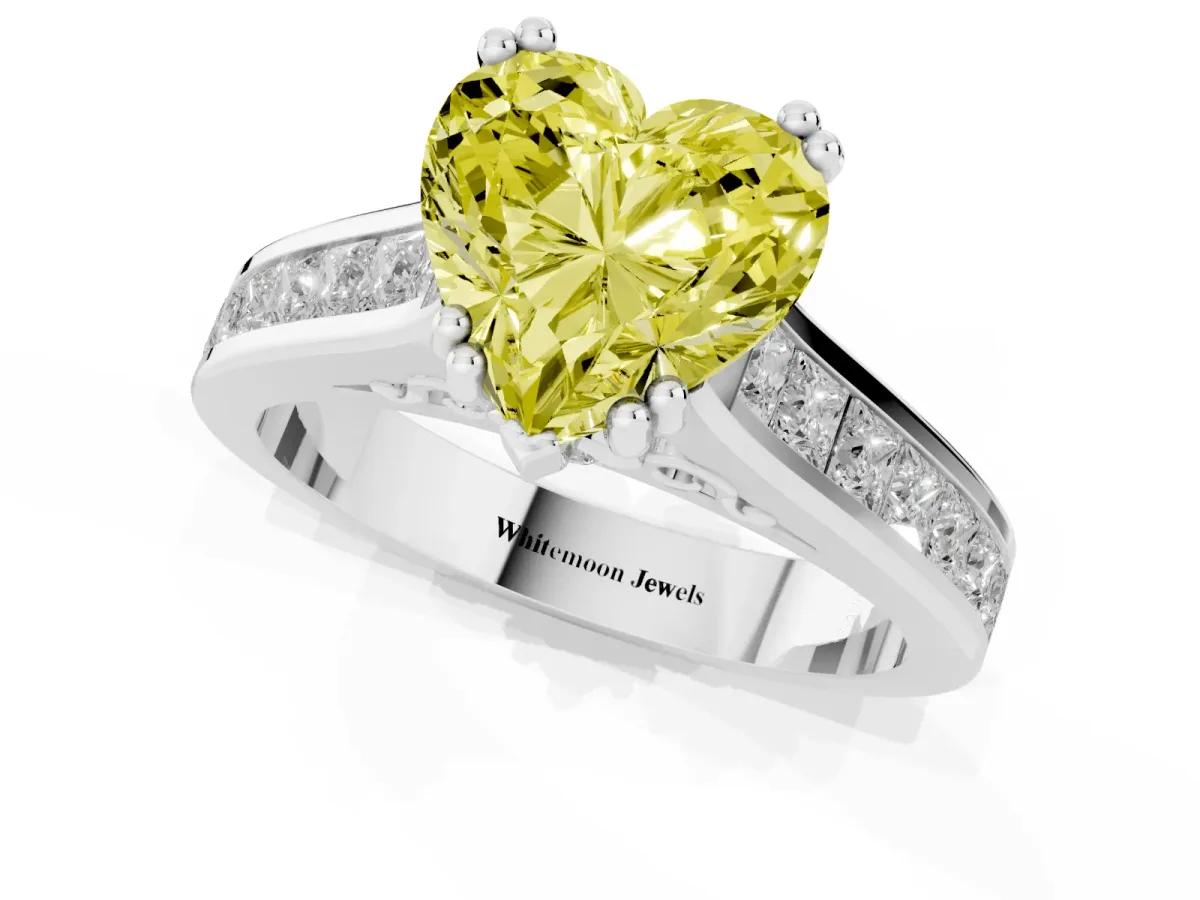 Fancy Yellow Heart Cut Cut Channel Set Solitaire Engagement Ring with Prong Setting Silver