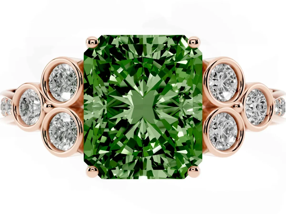 Fancy Green Radiant Cut Cut Diamond Engagement Ring with Bezel Set Round Side Stones and Prong Setting Rose gold