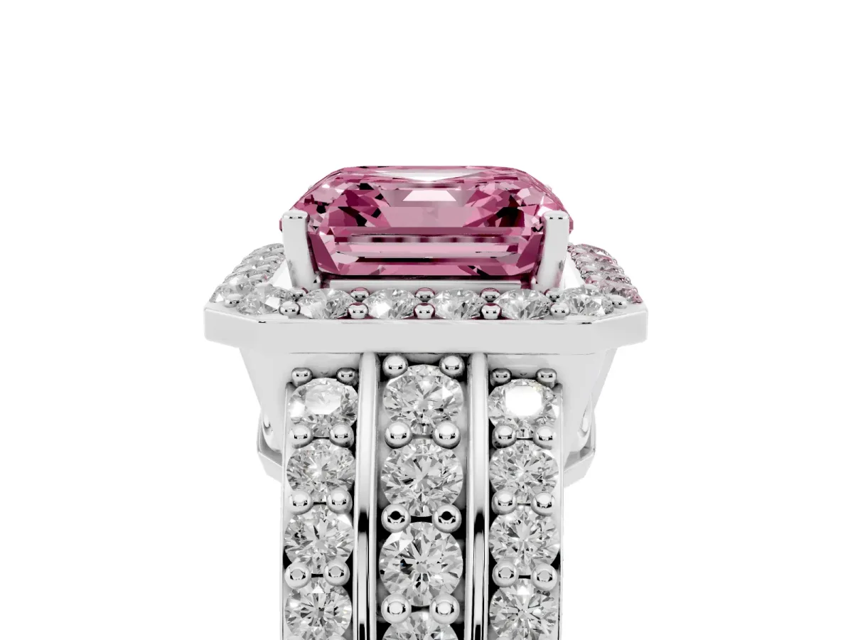 Fancy Pink Asscher Cut Halo Diamond Ring with Round Split Shank and Prong Setting Platinum