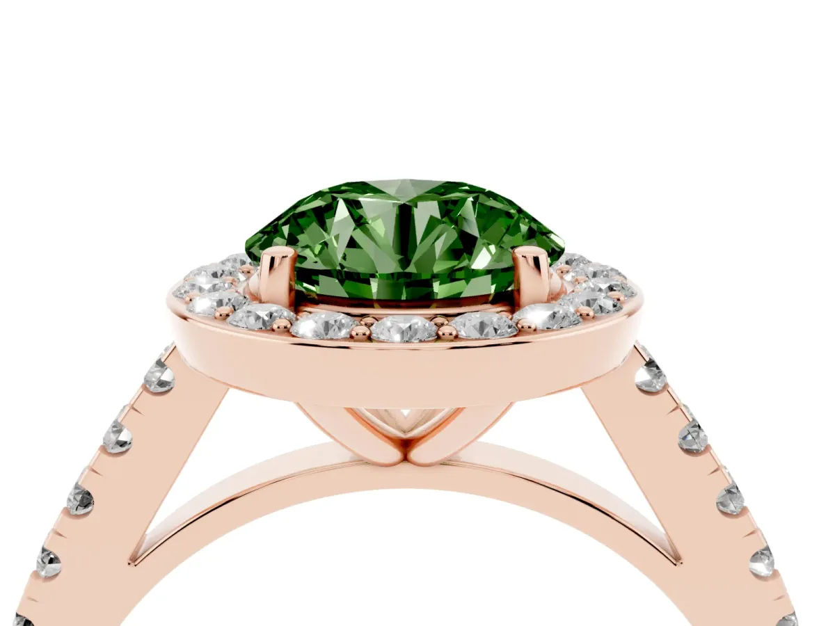 Fancy Green Round Cut Diamond Halo Ring with Round Pavé Split Shank and Prong Setting Rose gold