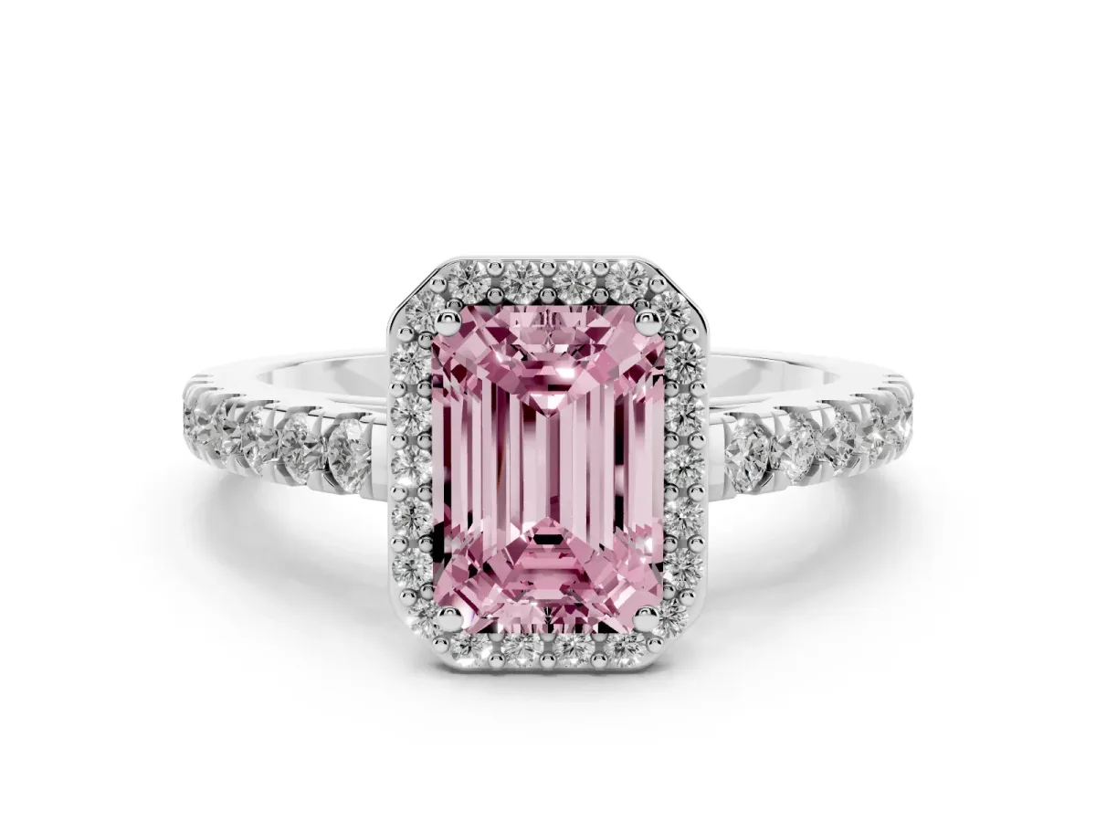 Fancy Pink Emerald Cut Cut Halo Diamond Engagement Ring with Pave Band and Four-Prong Setting White gold