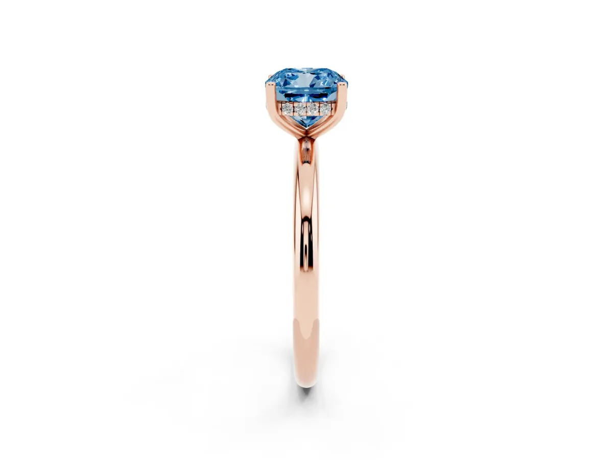 Fancy Blue Cushion Cut Cut Solitaire Engagement Ring with Four-Prong Setting and Classic Band Rose gold