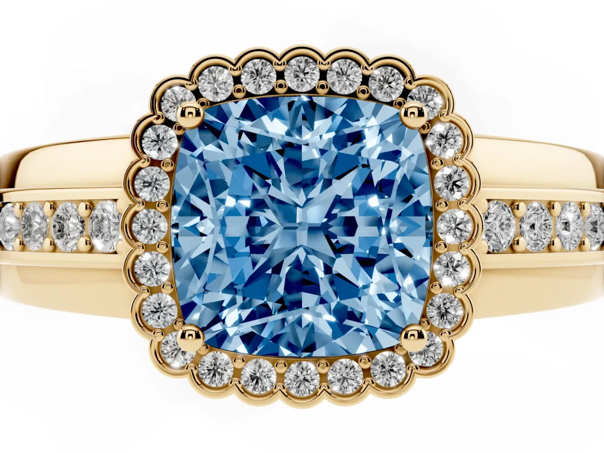 Fancy Blue Cushion Cut Cut Halo Pave Band Four-Prong Ring Yellow gold