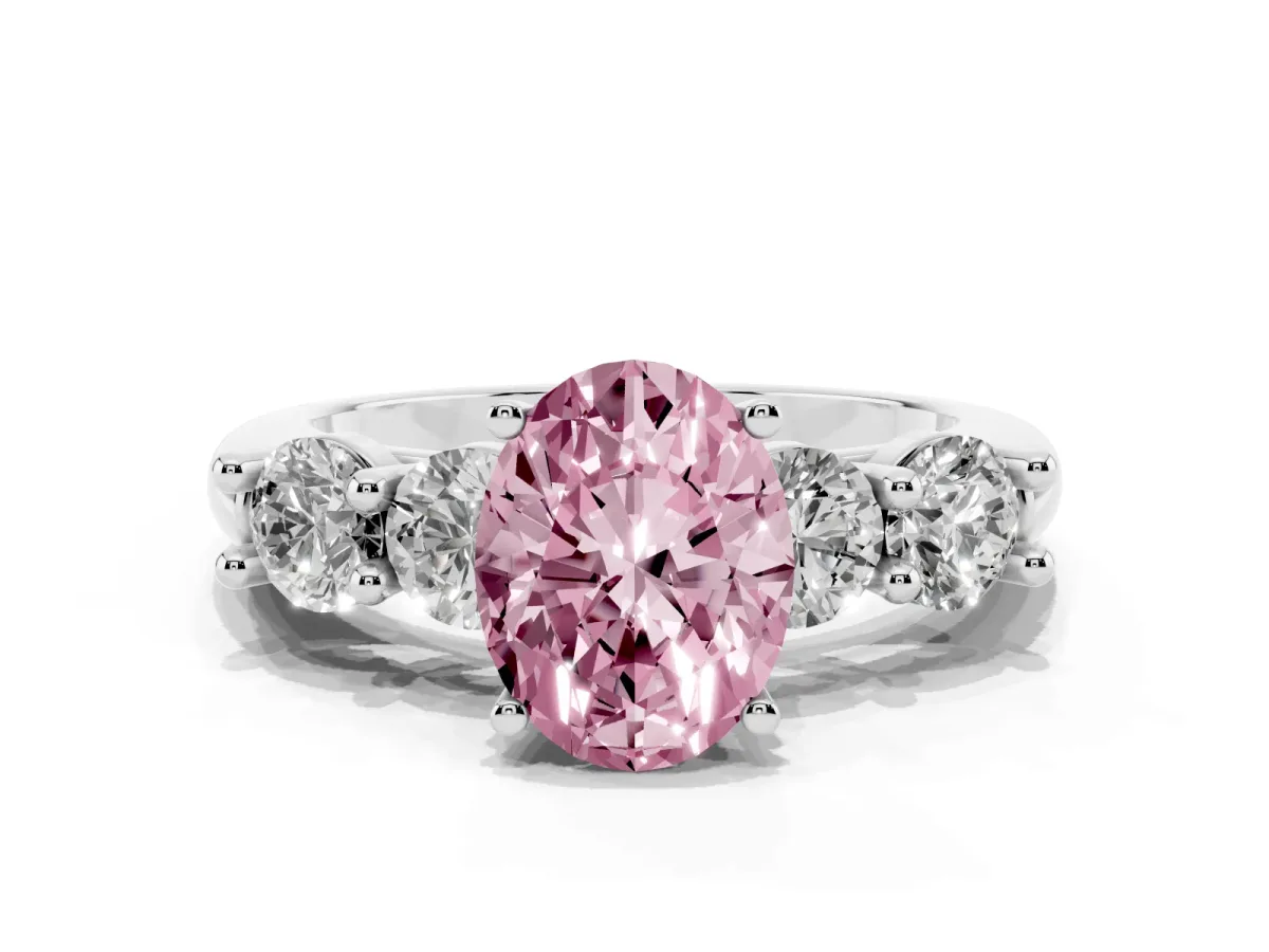 Fancy Pink Oval Cut Cut Five-Stone Prong Set Diamond Ring with Classic Band Silver