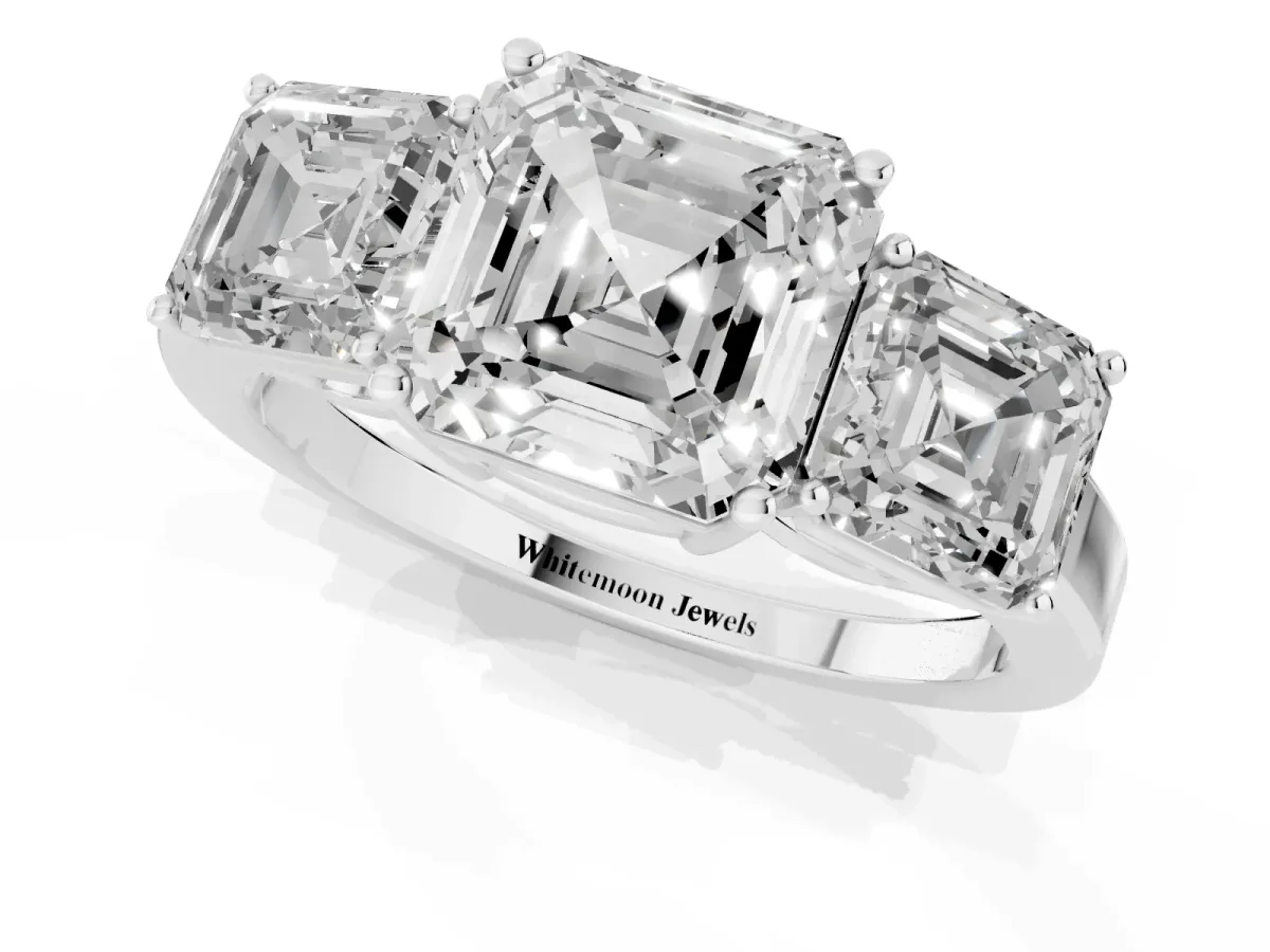 Three-Stone Asscher Cut Cut Diamond Engagement Ring with Flat Band and Four-Prong Setting Platinum
