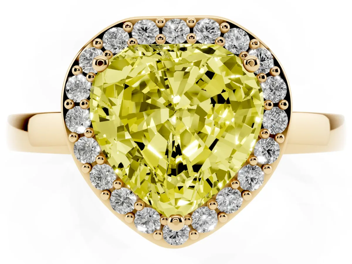 Fancy Yellow Heart Cut Halo Diamond Ring with Solitaire Band and Prong Setting Yellow gold
