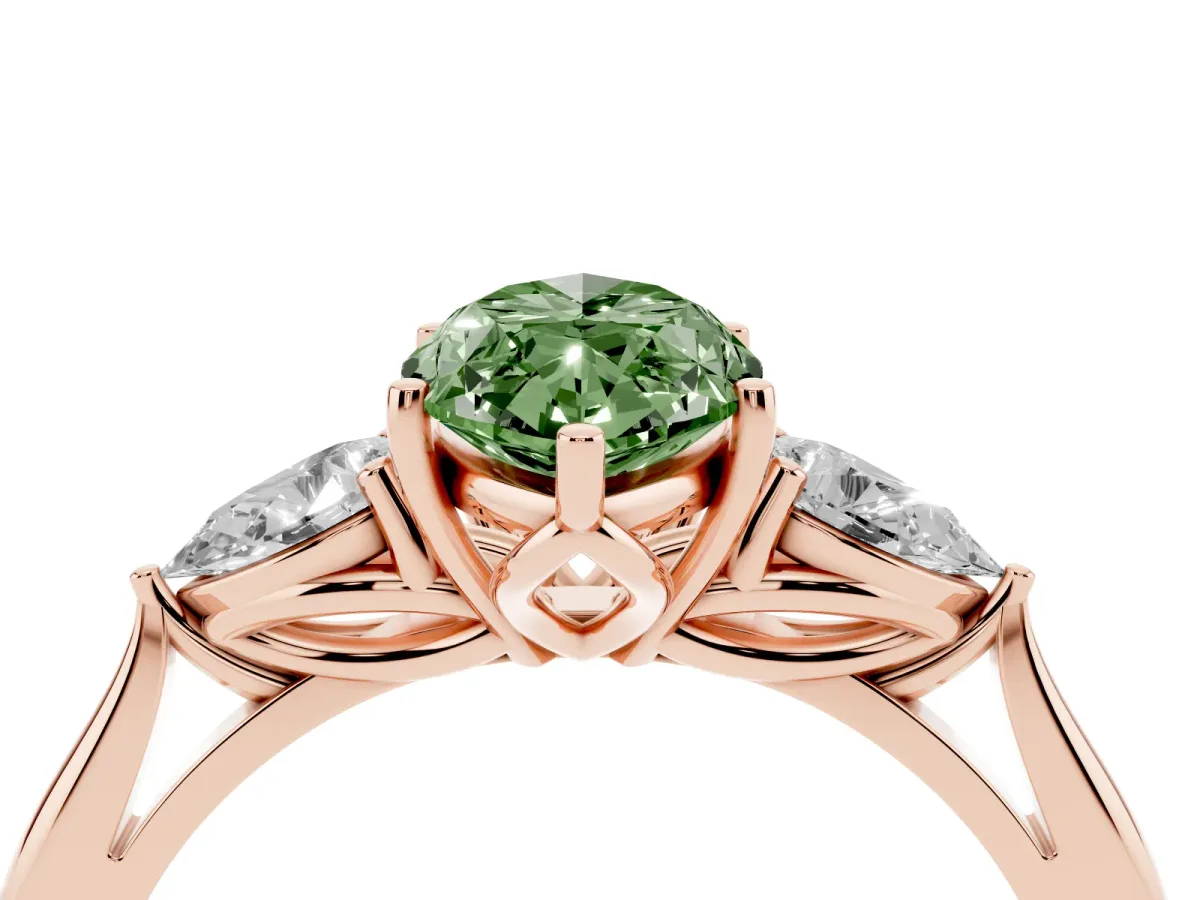 Fancy Green Marquise Cut Diamond Three-Stone Ring with Pear Side Stones and Prong Setting Rose gold