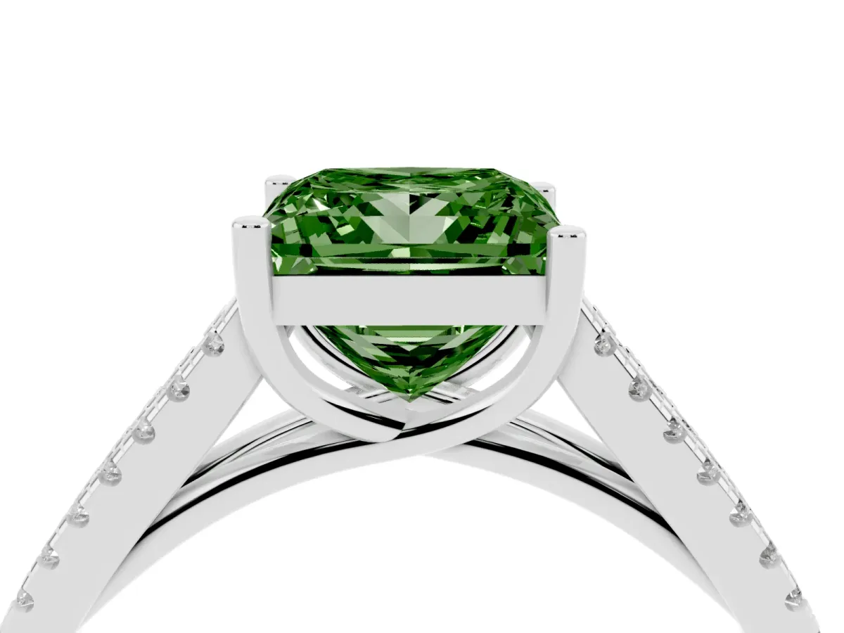 Fancy Green Princess Cut Diamond Solitaire Engagement Ring with Split Shank Pavé Band Silver