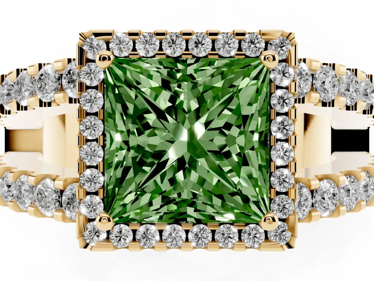 Fancy Green Princess Cut Cut Halo Split Shank Diamond Ring with Four-Prong Setting Yellow gold