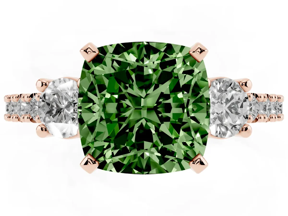 Fancy Green Cushion Cut Three-Stone Diamond Pavé Band with Prong Setting Rose gold
