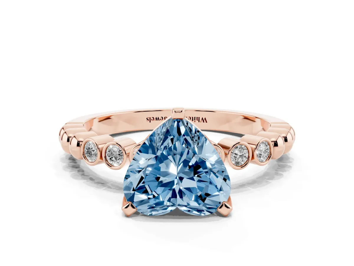 Fancy Blue Heart Cut Solitaire Bezel Accent Diamond Engagement Ring with Beaded Band and Four-Prong Setting Rose gold
