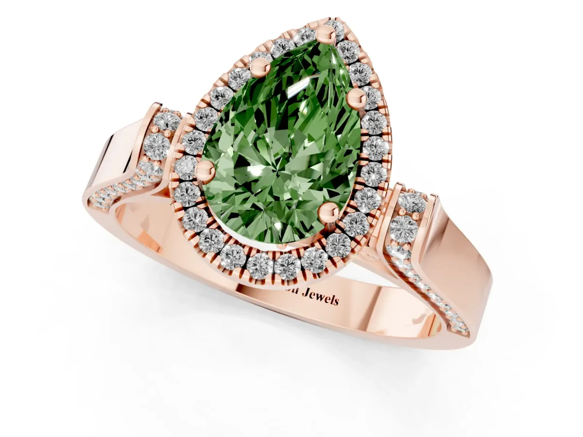 Fancy Green Pear Cut Halo Pave Split Shank Prong Setting Ring Rose gold