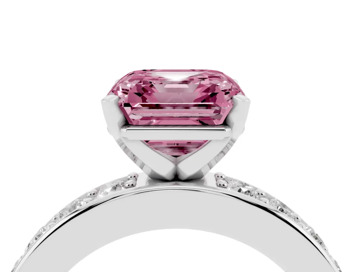 Fancy Pink Asscher Cut Diamond Engagement Ring with Channel Set Round Band and Prong Setting White gold