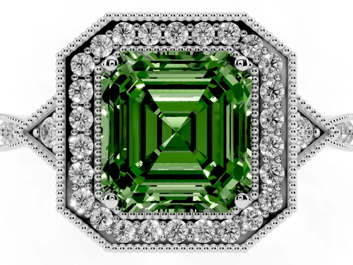 Fancy Green Asscher Cut Halo Round Diamond Milgrain Pave Engagement Ring Silver