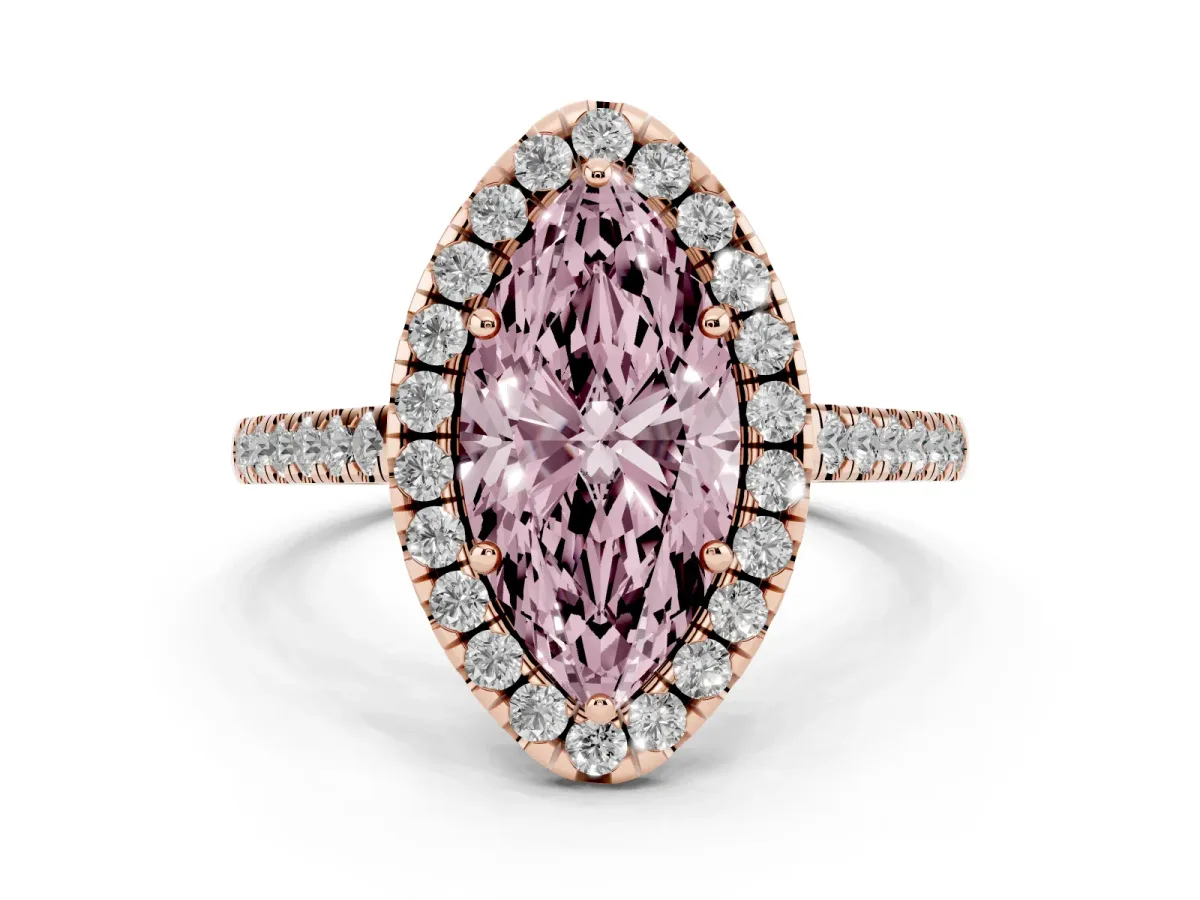 Fancy Pink Marquise Cut Halo Pavé Diamond Engagement Ring with Four-Prong Setting Rose gold
