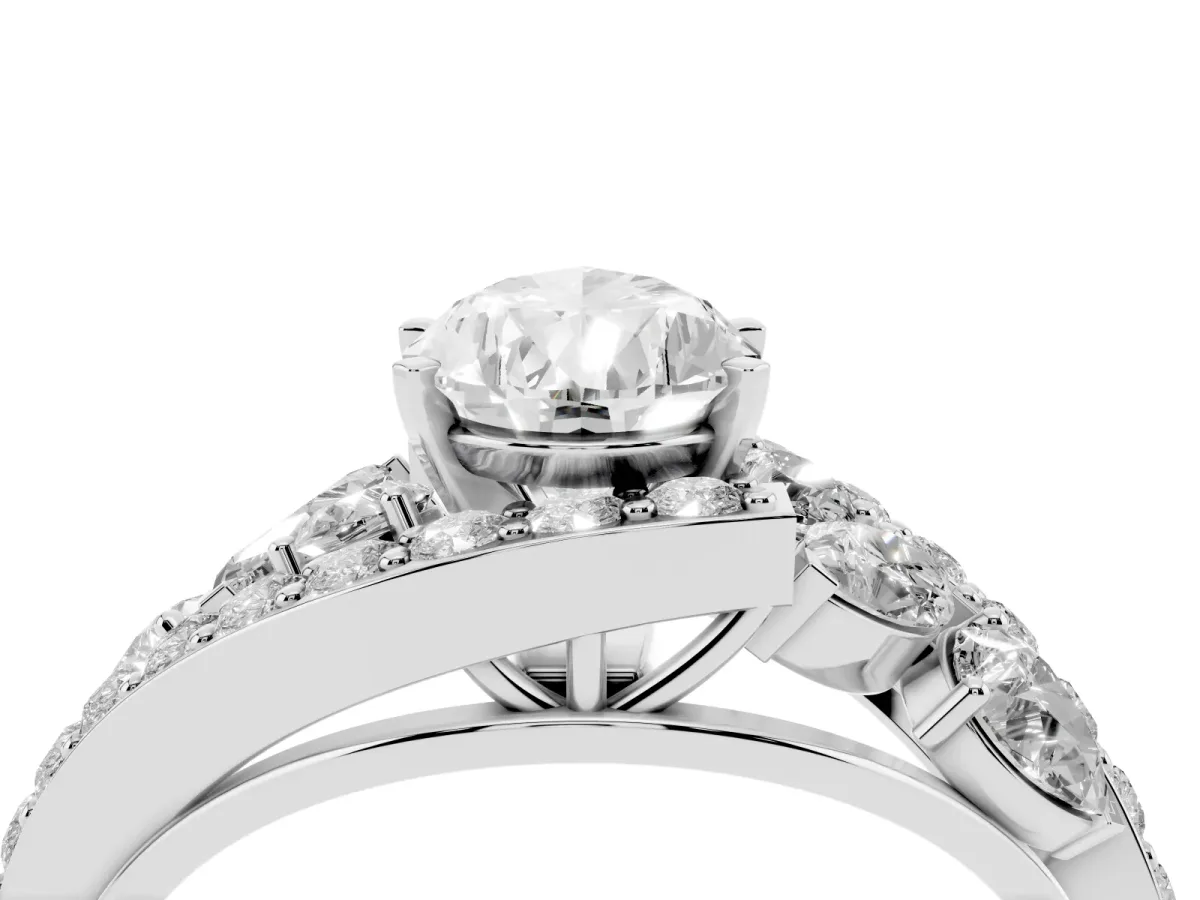 Pear Cut Diamond Halo Ring with Marquise and Pavé Band in Prong Setting Platinum