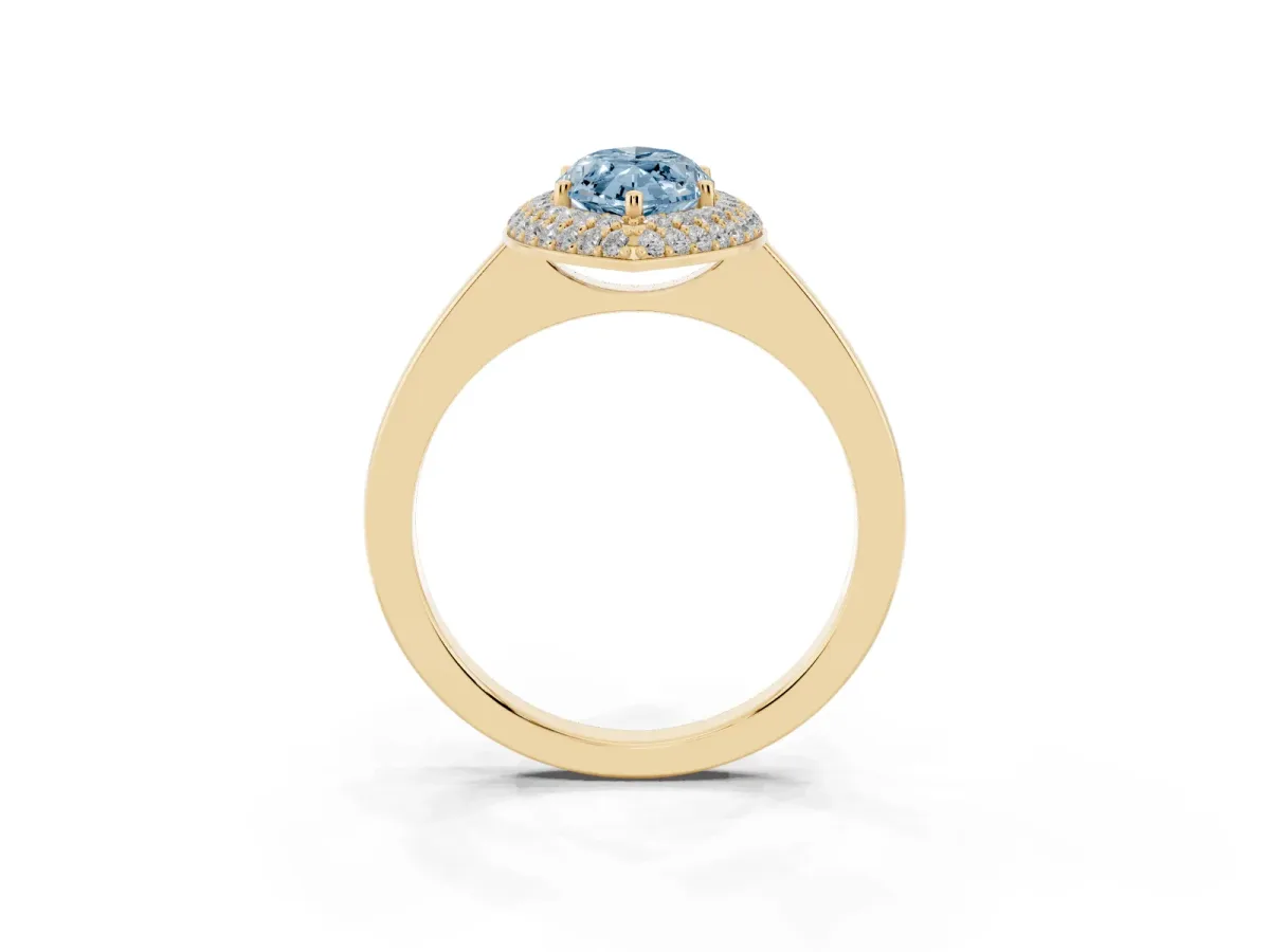 Fancy Blue Marquise Cut Halo Diamond Engagement Ring with Solitaire Band and Four-Prong Setting Yellow gold