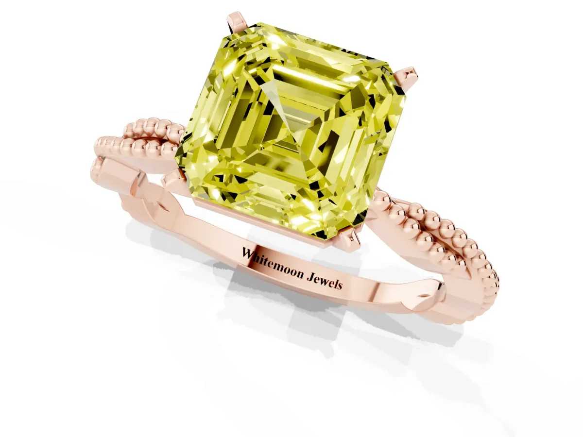 Fancy Yellow Asscher Cut Solitaire Twisted Band with Bead Prong Setting Rose gold
