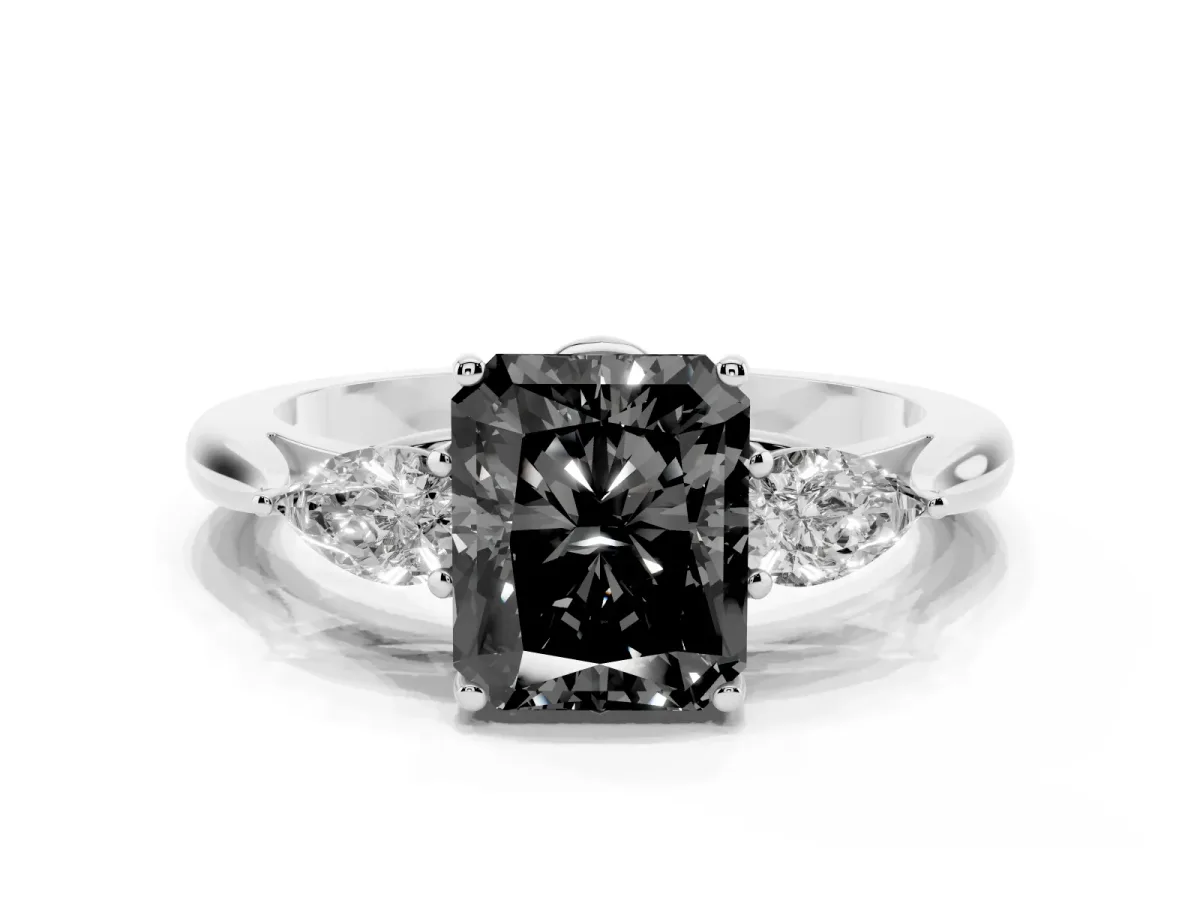 Fancy Black Radiant Cut Diamond Three-Stone Ring with Pear Side Stones and Prong Setting Platinum