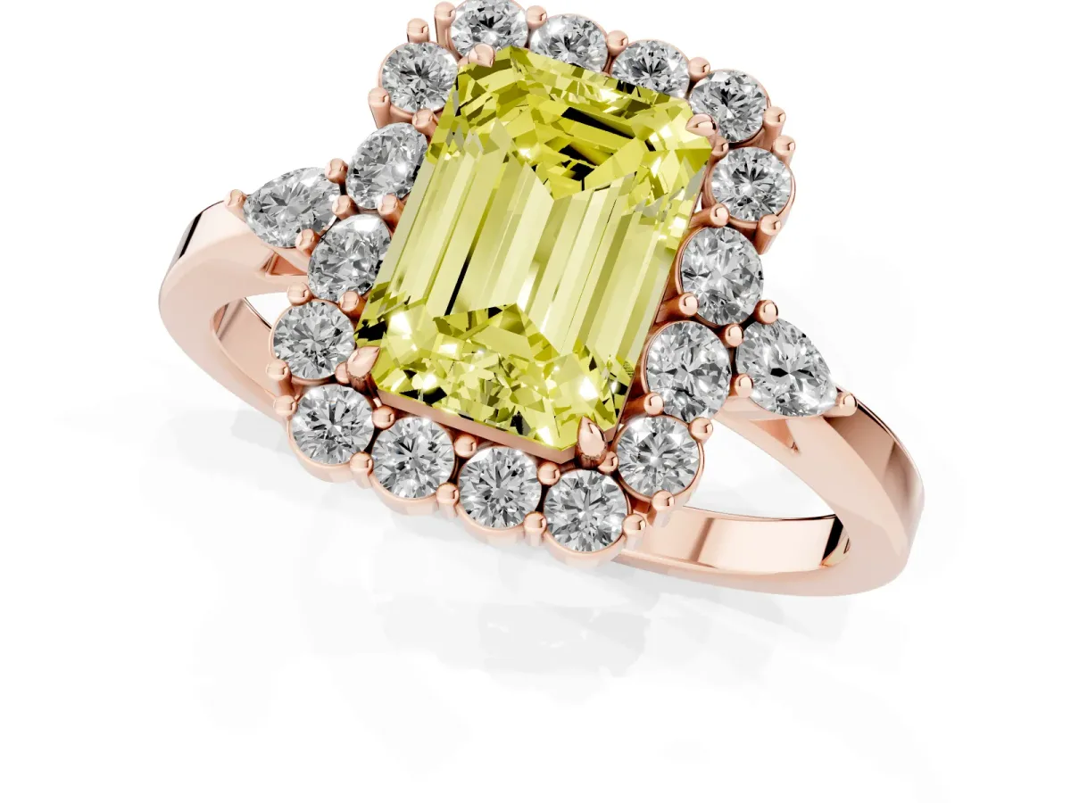 Fancy Yellow Emerald Cut Diamond Halo Ring with Pear Side Stones and Prong Setting Rose gold