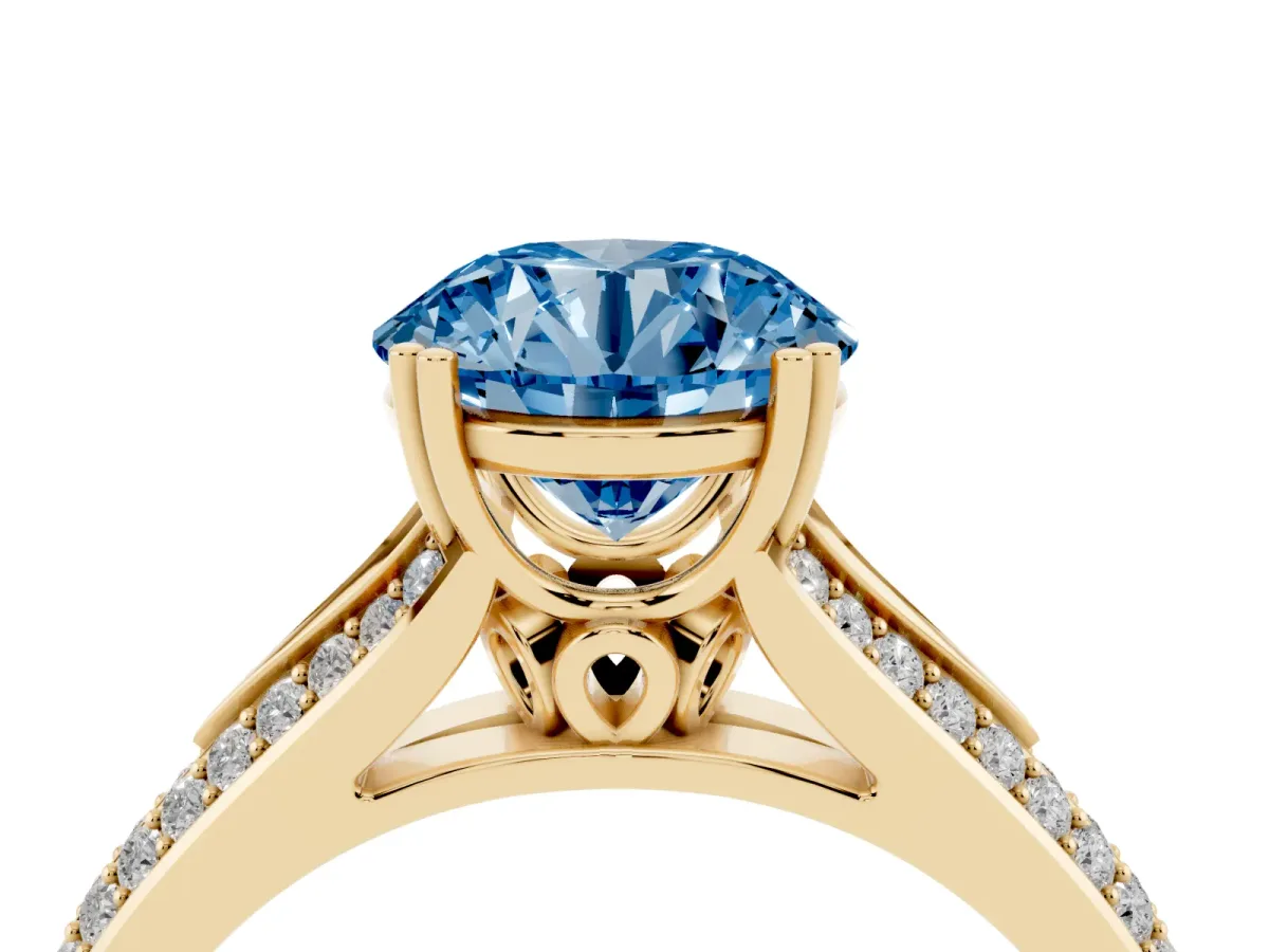 Fancy Blue Round Cut Diamond Split Shank Engagement Ring with Pavé Band Yellow gold