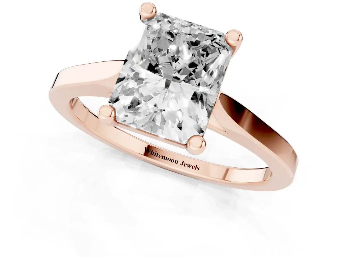 Radiant Cut Solitaire Diamond Ring with Four-Prong Setting and Tapered Band Rose gold