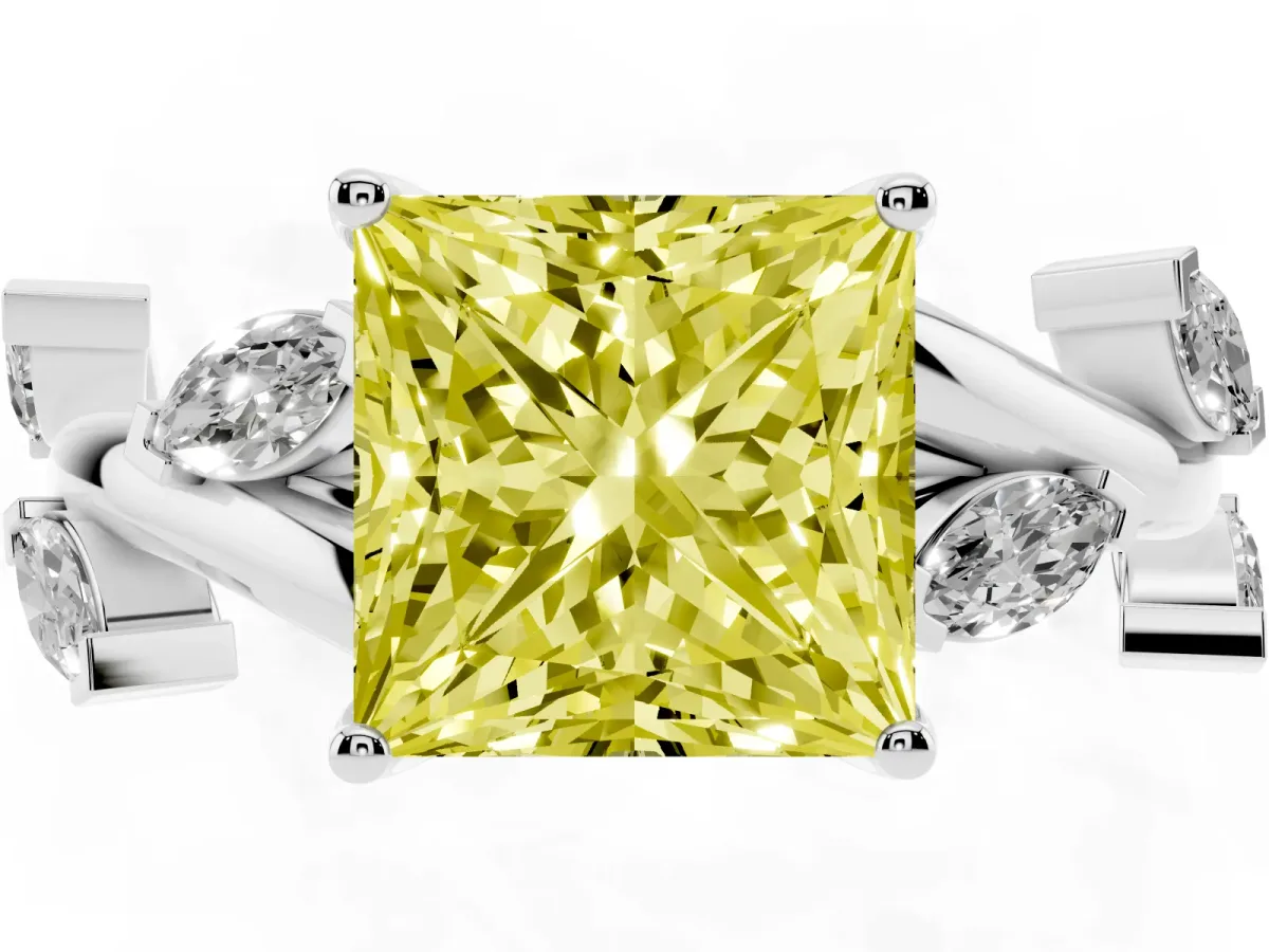 Fancy Yellow Princess Cut Solitaire Twisted Band Marquise Accent Prong Setting Ring Silver
