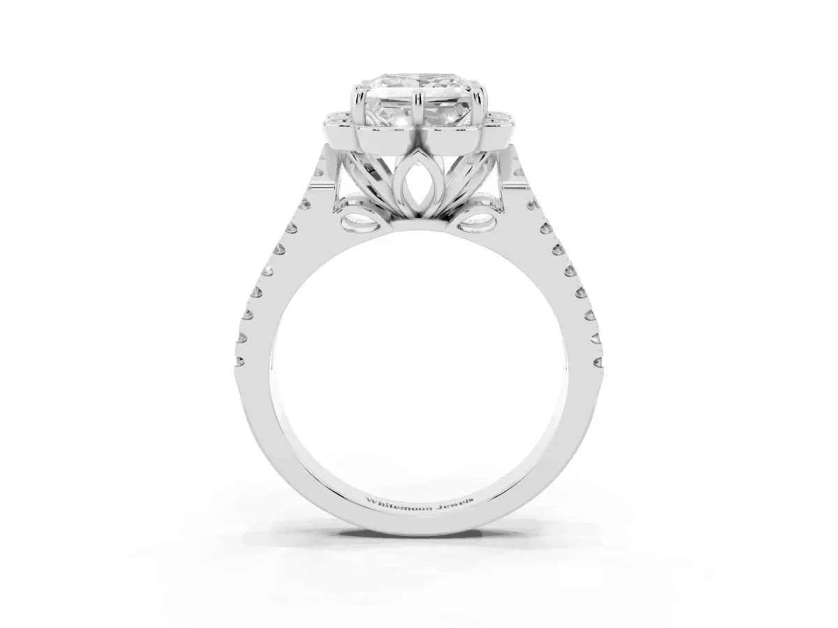 Princess Cut Halo Diamond Floral Split Shank Engagement Ring Platinum