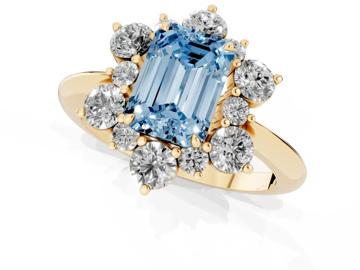Fancy Blue Emerald Cut Diamond Cluster Halo Ring with Solitaire Band and Four-Prong Setting Yellow gold