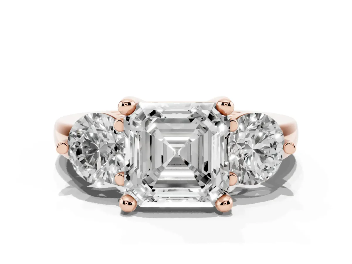 Three-Stone Asscher Cut Brilliant Cut Solitaire Ring with Prong Setting on a Classic Band Rose gold