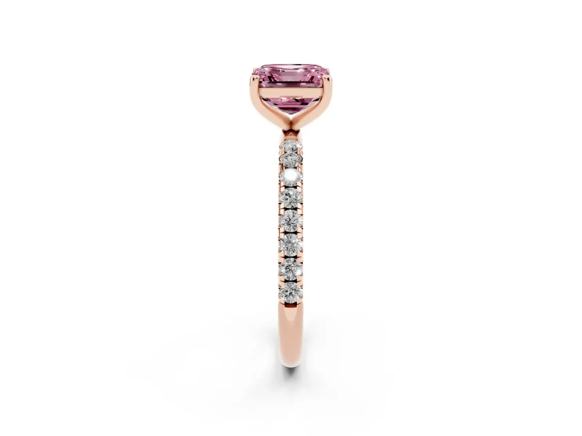 Fancy Pink Asscher Cut Cut Diamond Solitaire Ring with Micro Pave Band and Four Prong Setting Rose gold