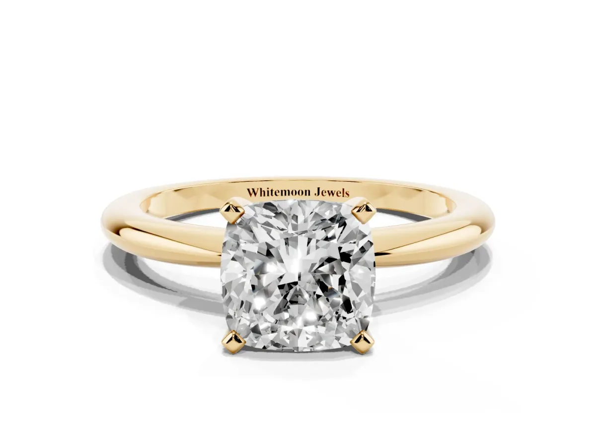 Cushion Cut Diamond Solitaire Ring with Prong Setting and Classic Band Yellow gold